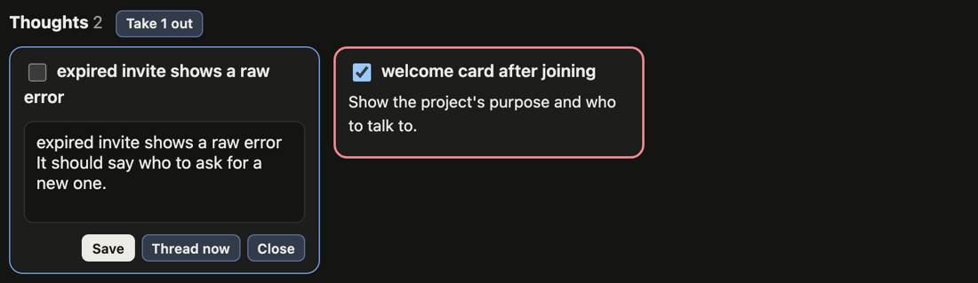 Two cards: one open with Save and Thread now, one ticked, with Take 1 out by the heading