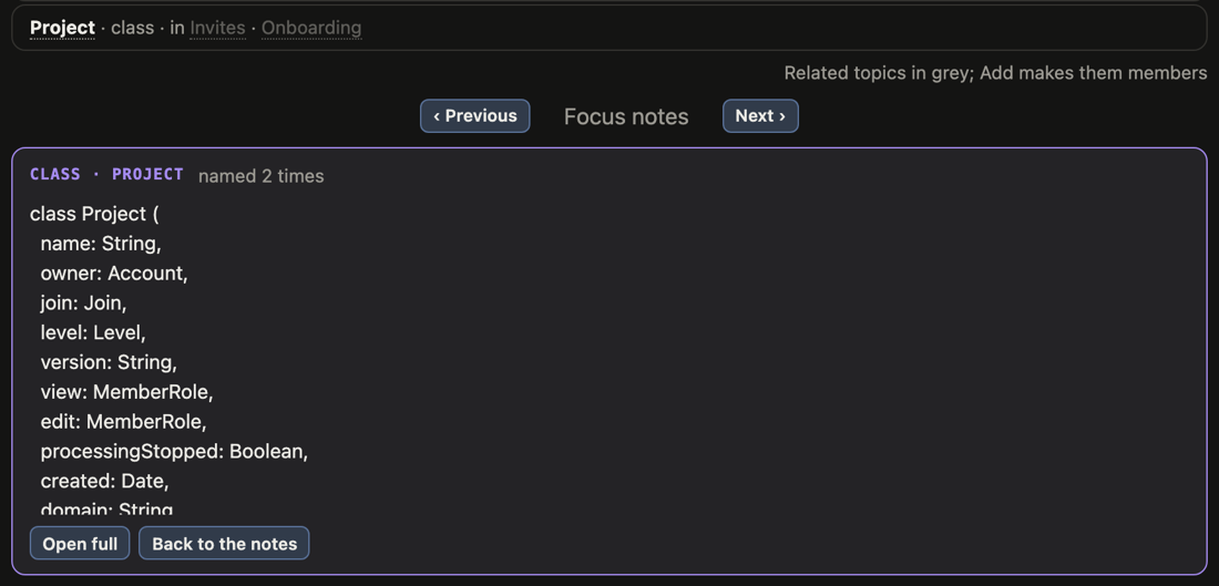A class opened under the map: the line above says where it is named, the card shows its fields